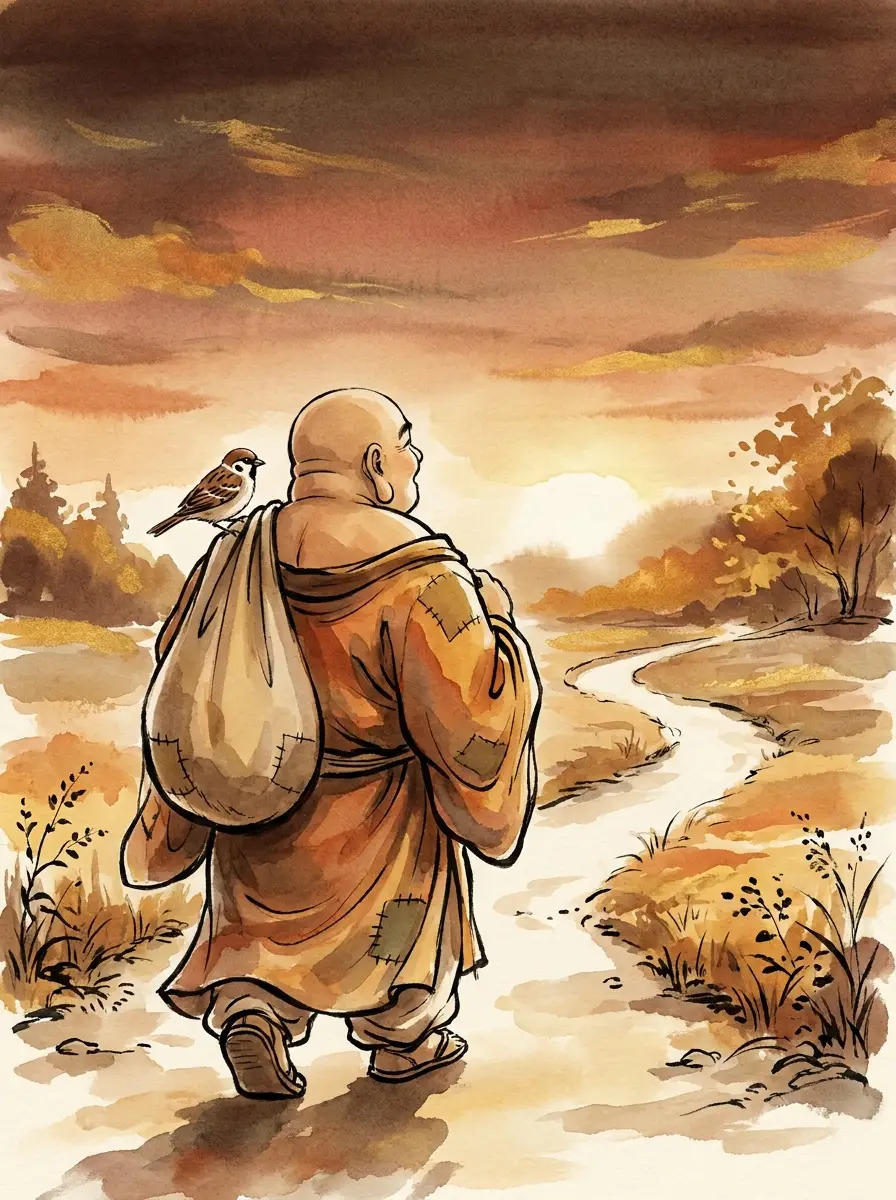 Hotei, o oráculo risonho, caminhando de costas por uma estrada ao entardecer, com um pardal no ombro.