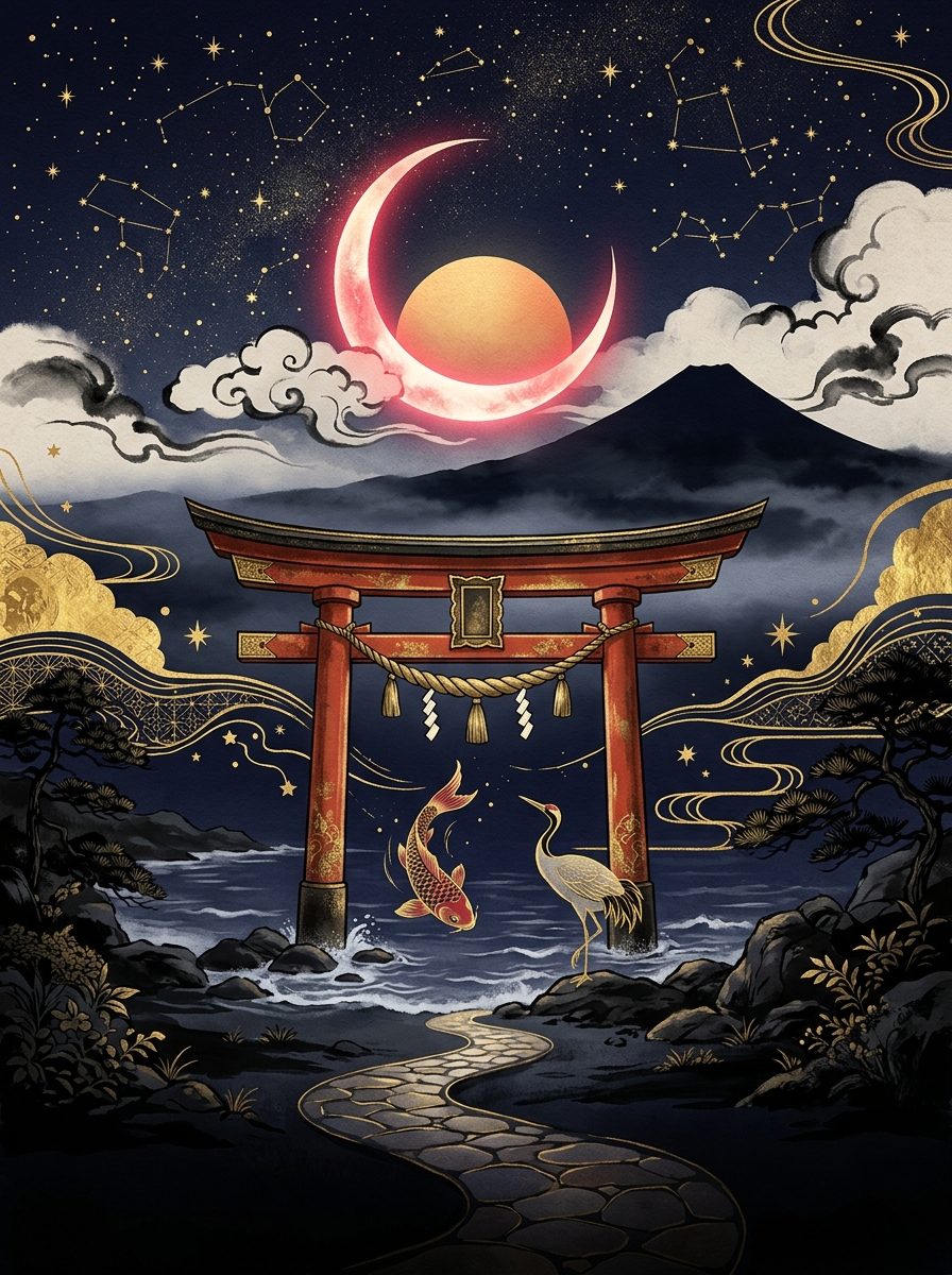 Torii e sol nascente em índigo profundo com traço de tinta sumi