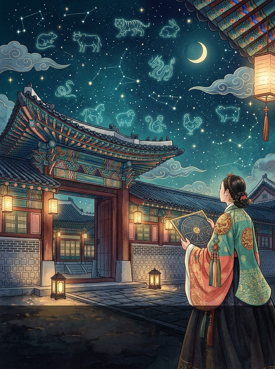 Hanbok e dancheong do palácio de Joseon, em tons de jade e coral