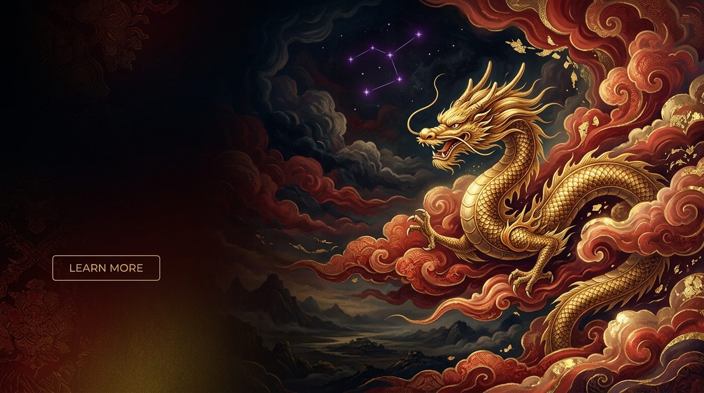 Dragão imperial dourado sobre nuvens, em vermelho cinábrio