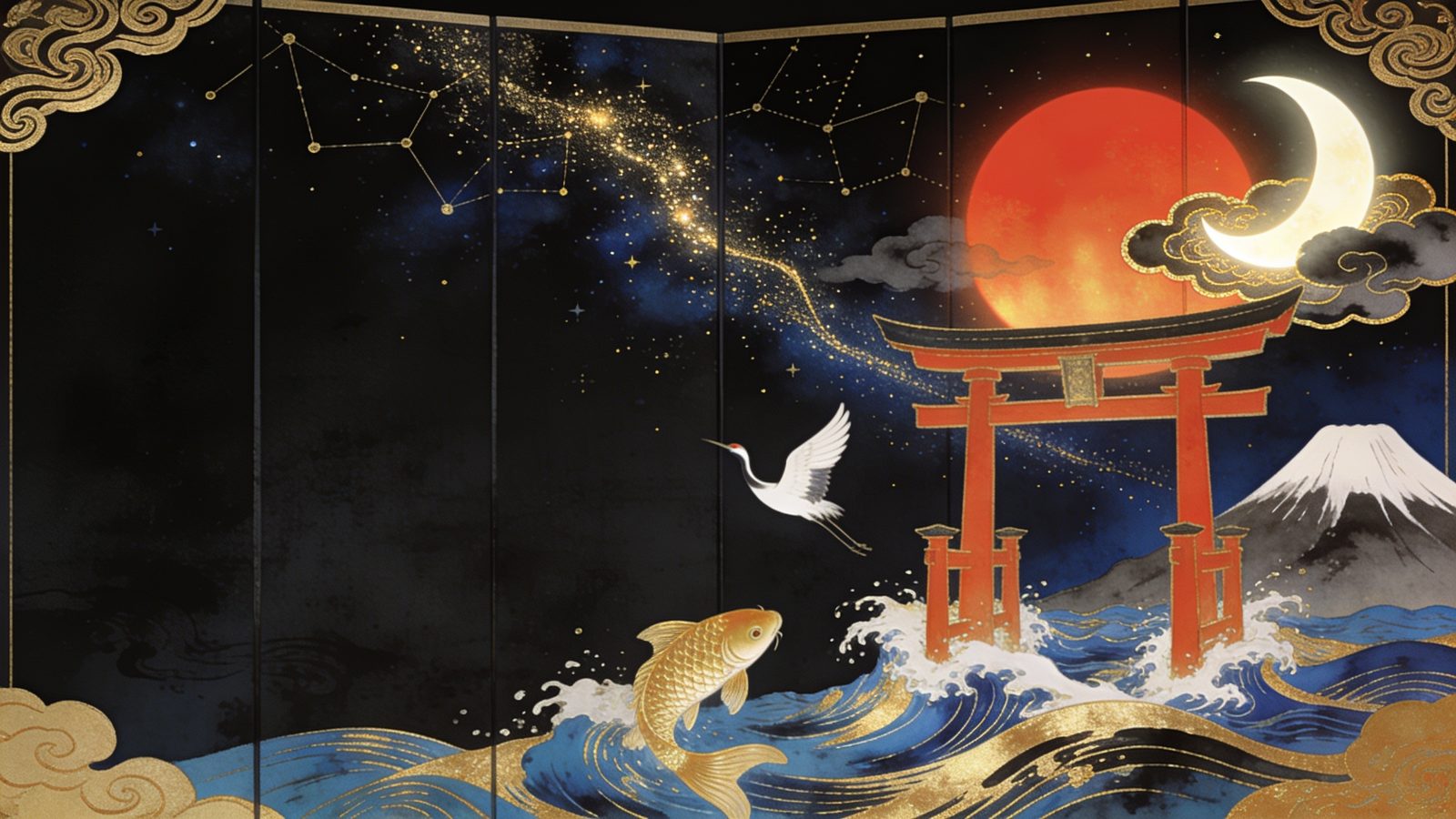 Torii vermelho e o sol nascente sobre o Japão, em traço tradicional
