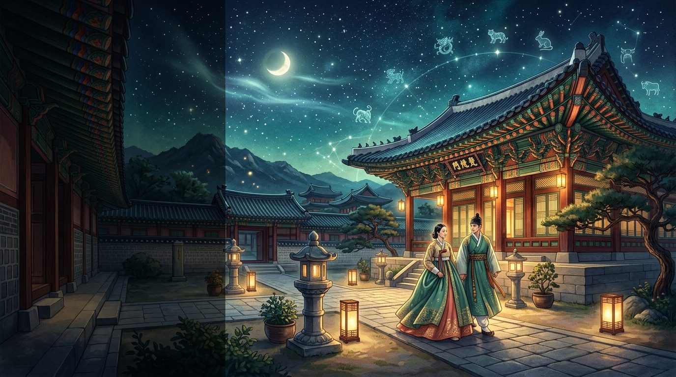 Portal e lanternas coreanas ao entardecer, tons de jade e vermelho